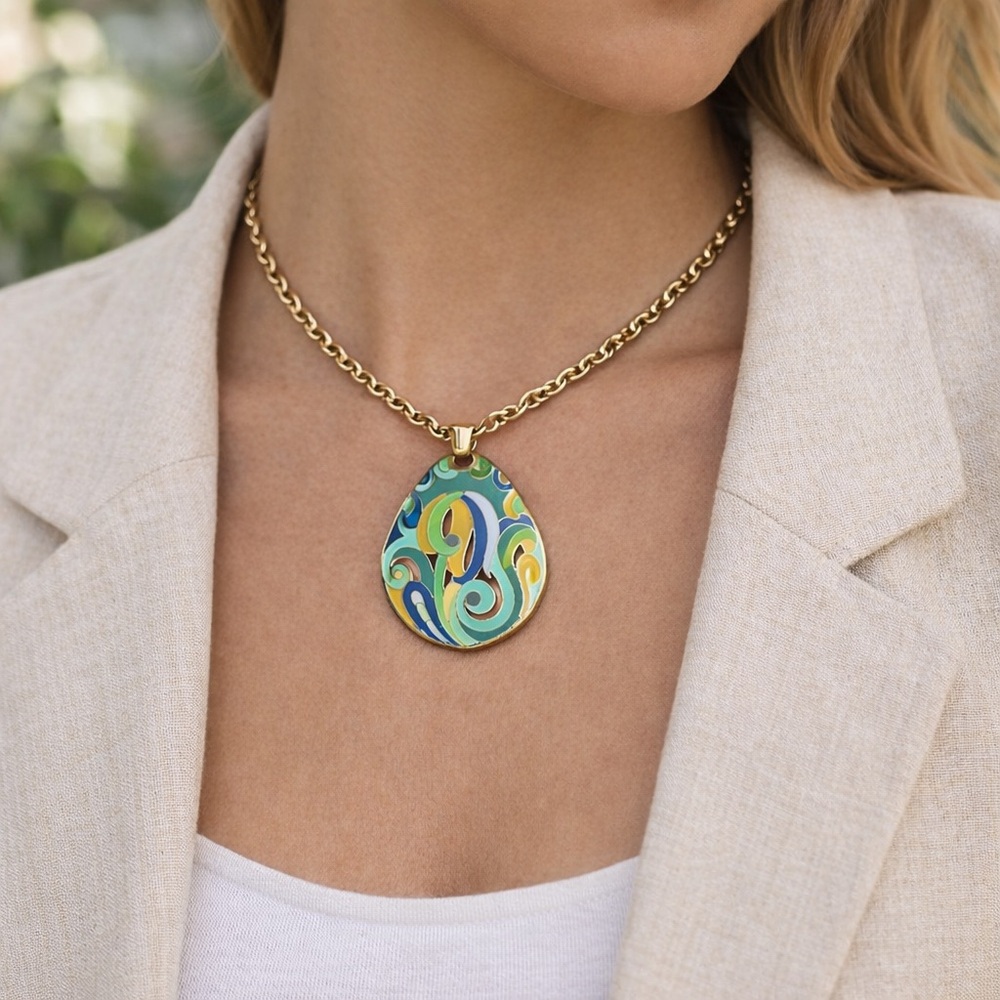 Eisenberg Artist Series Enamel Pendant with Textured Necklace Vintage Signed